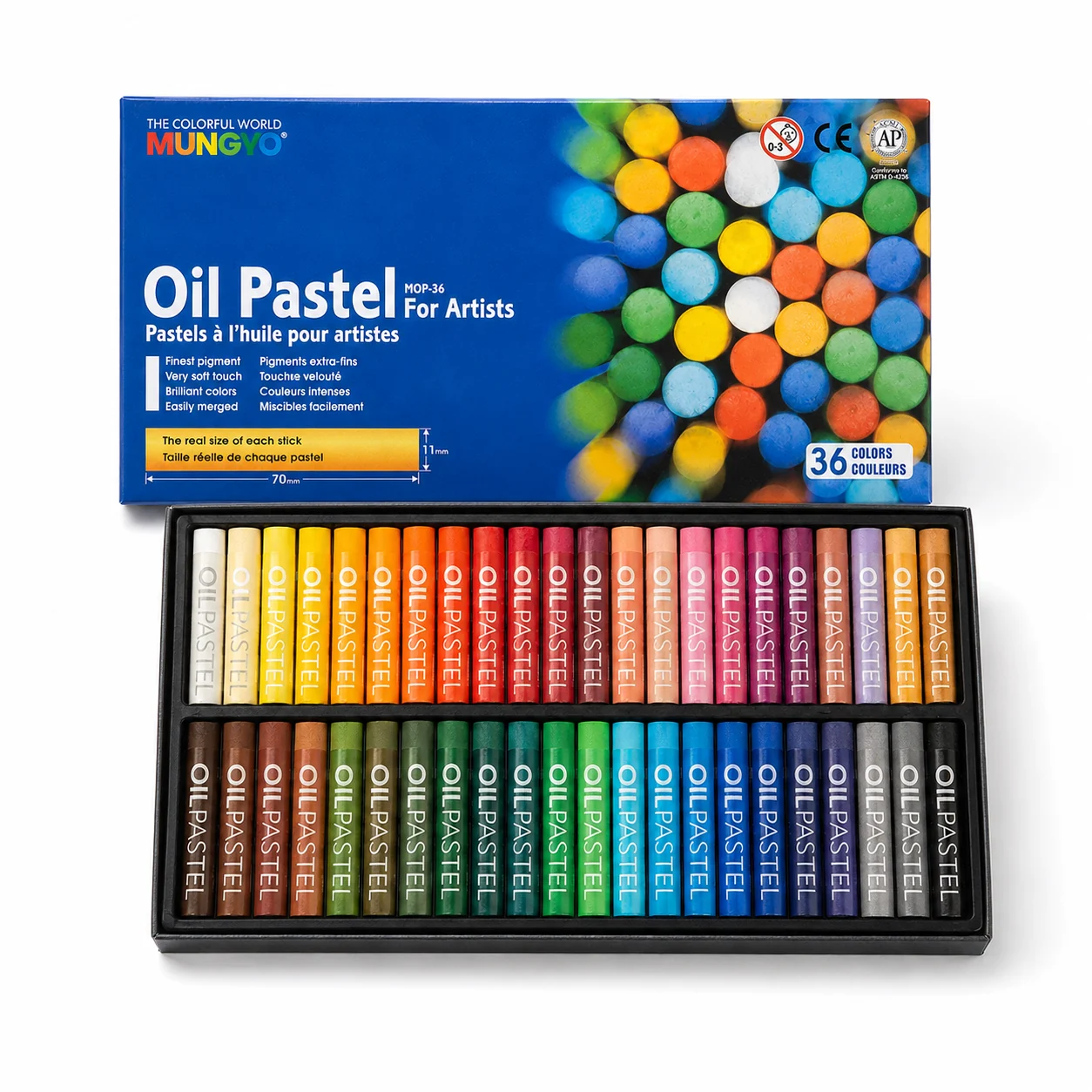 Mungyo Oil Pastel 36-colour box above a full tray showing the whole thirty-six stick spread