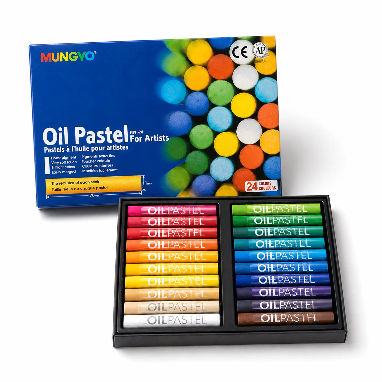 Mungyo Oil Pastel 36-colour blue box angled above its open tray of thirty-six sticks