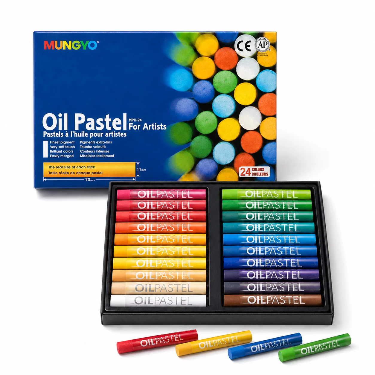 Mungyo oil pastel sticks fanned out in a colour arc beside the 36-colour blue box