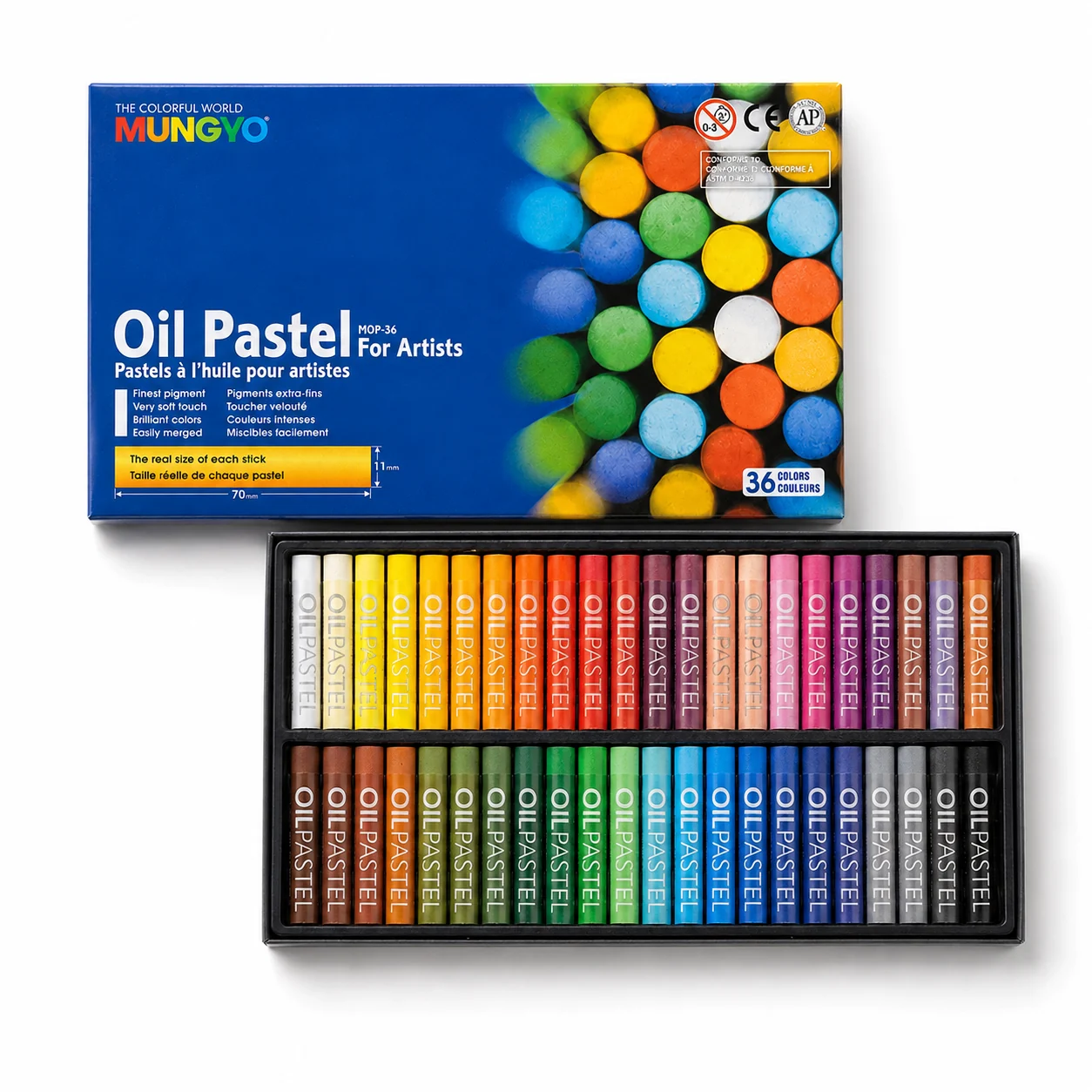 Mungyo Oil Pastel 48-colour box above the largest tray in the range holding forty-eight sticks