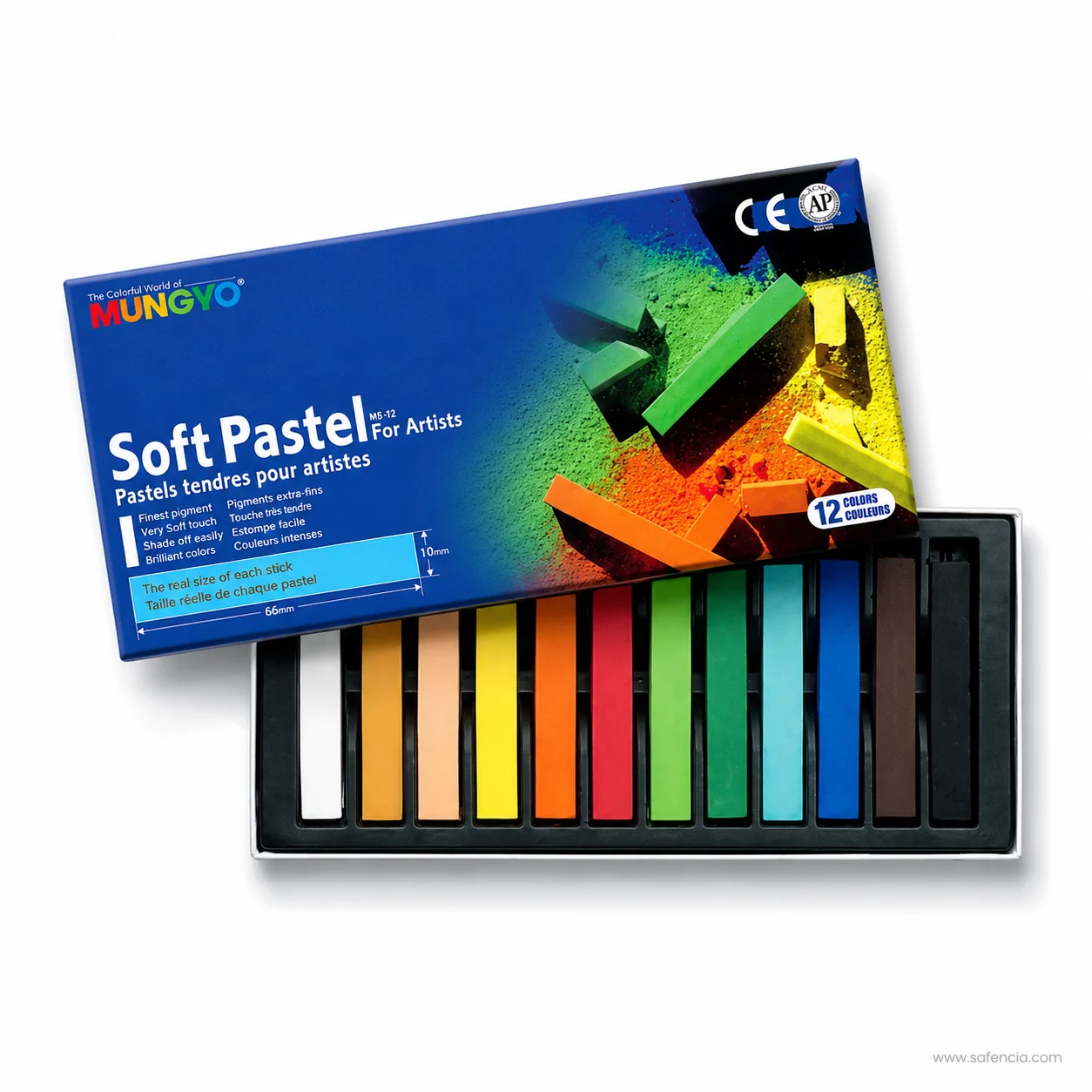 Mungyo Soft Pastels For Artists 12-colour blue box over a single tray of twelve full-size sticks