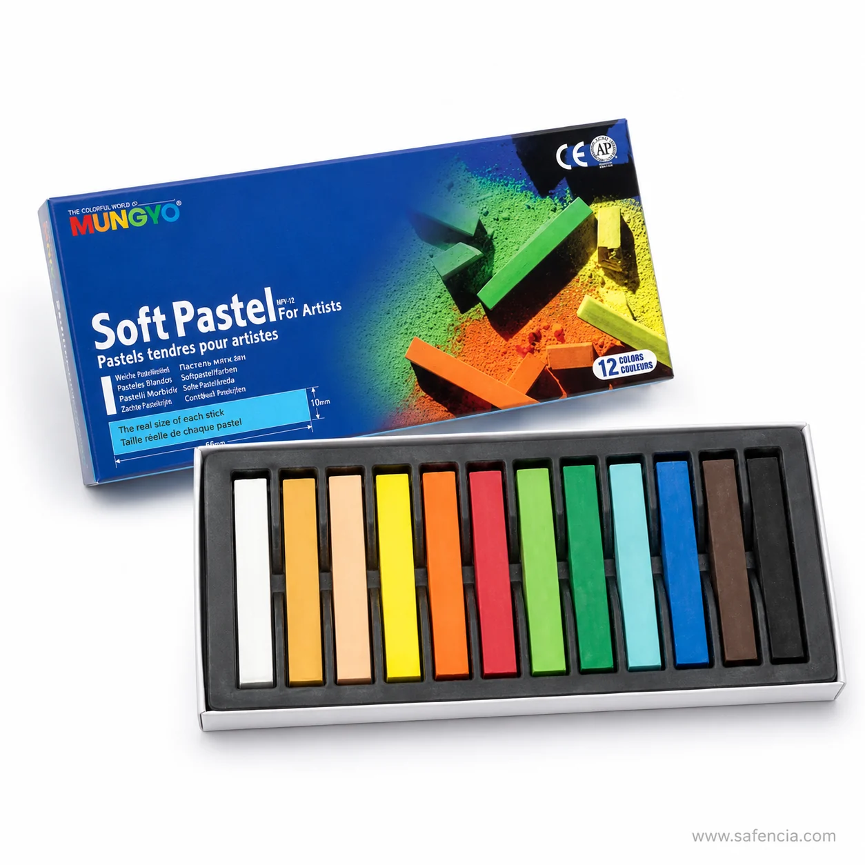 Angled view of the Mungyo 12-colour pastel tray showing the real length of each full-size stick