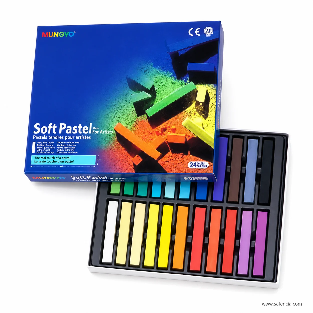 Mungyo Soft Pastels For Artists 24-colour blue box angled over its open tray of full-size sticks