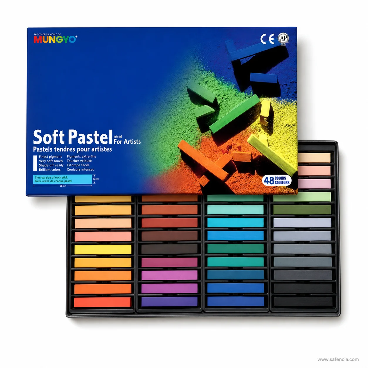 Mungyo Soft Pastels For Artists 48-colour blue box behind four trays holding the full spread of sticks
