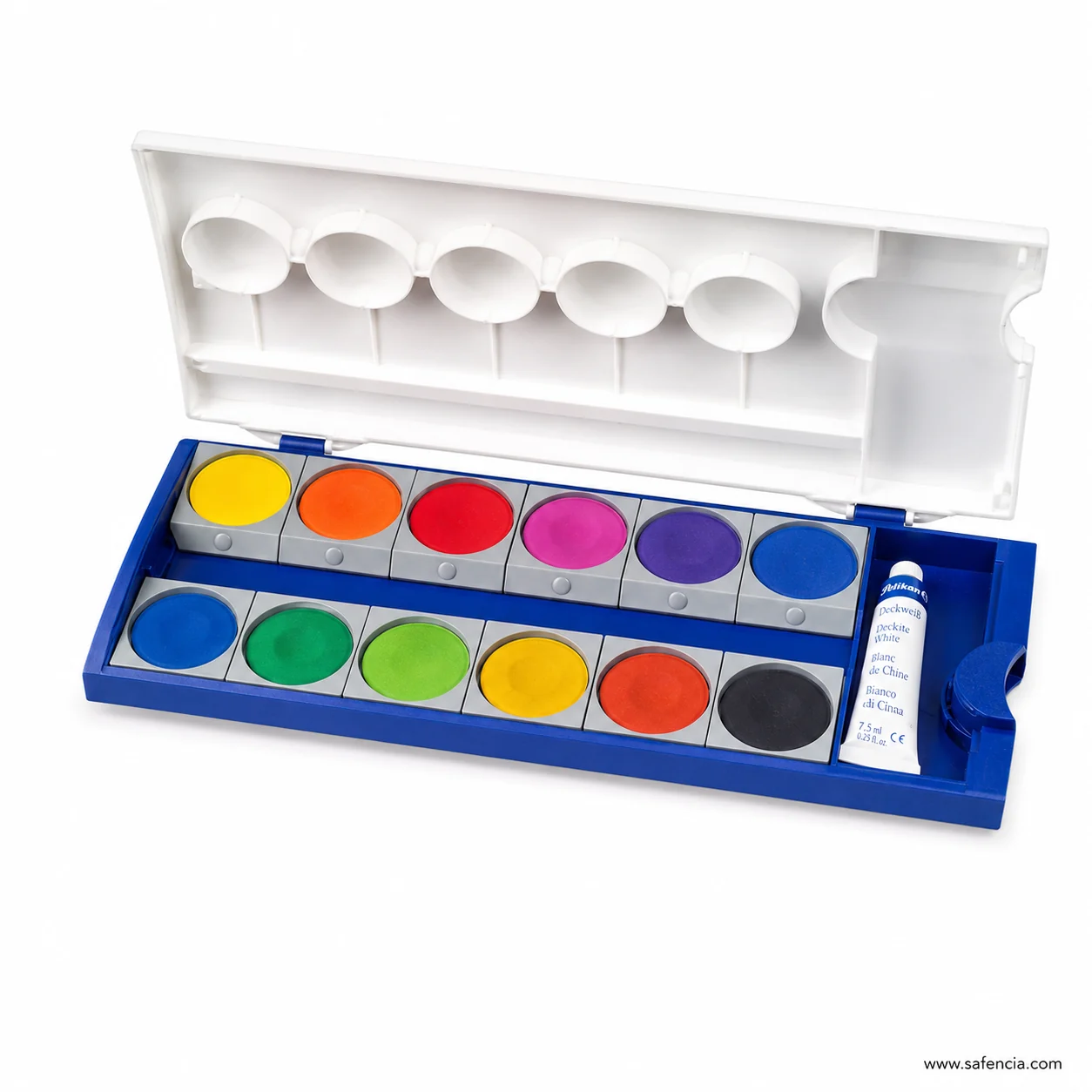 Pelikan paint box lid raised to show six round mixing wells and one long rectangular well