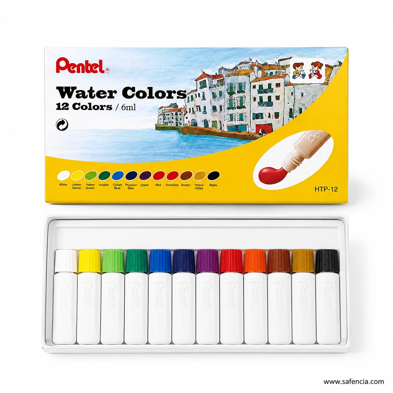 Pentel Water Colors HTP-12 yellow box open showing a single row of twelve 6ml watercolour tubes