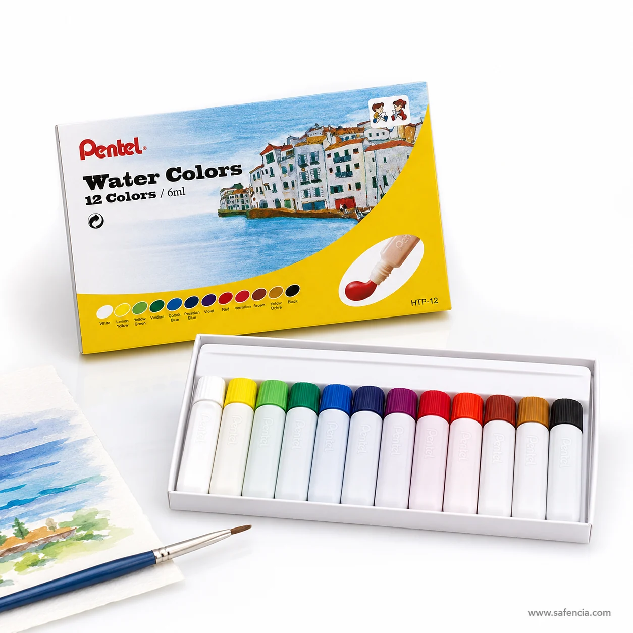 Pentel Water Colors HTP-12 box and tray beside a finished seaside watercolour study and a brush