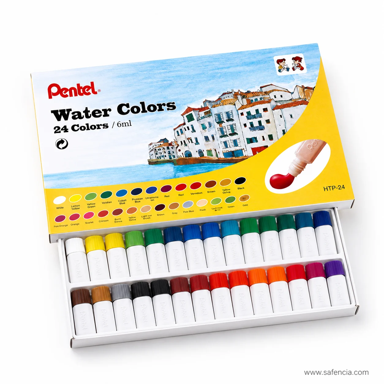 Pentel Water Colors HTP-24 box angled to show the seaside painting and the 24 Colors 6ml marking