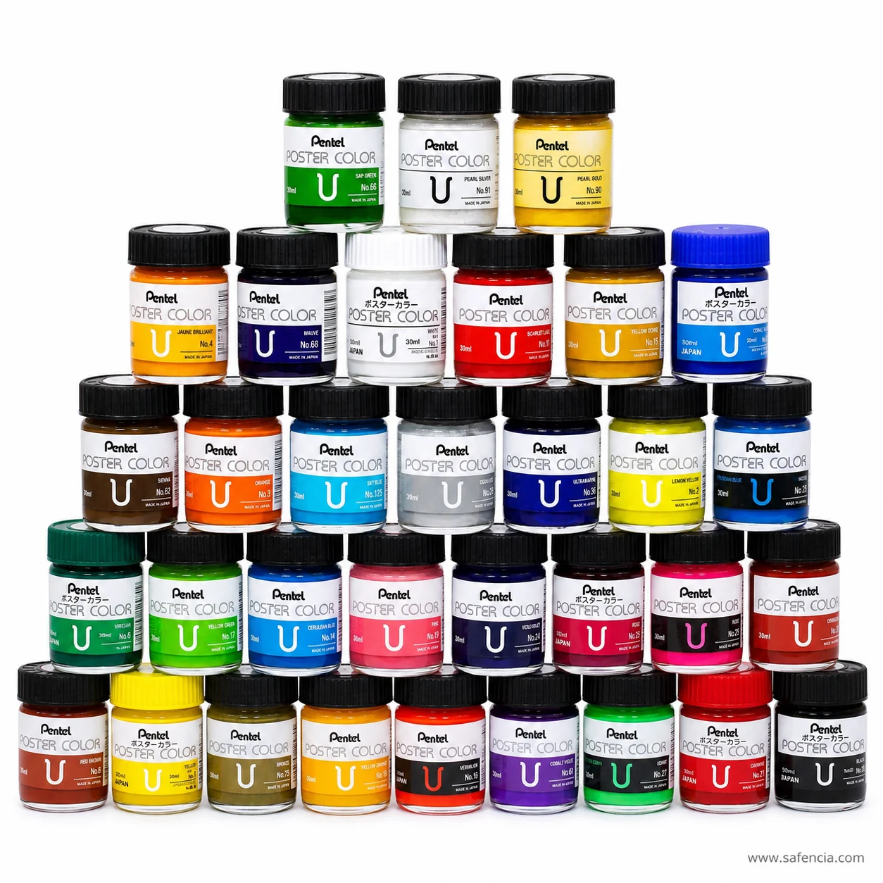 Full range of Pentel Poster Color 30 ml glass jars stacked in a pyramid showing every shade