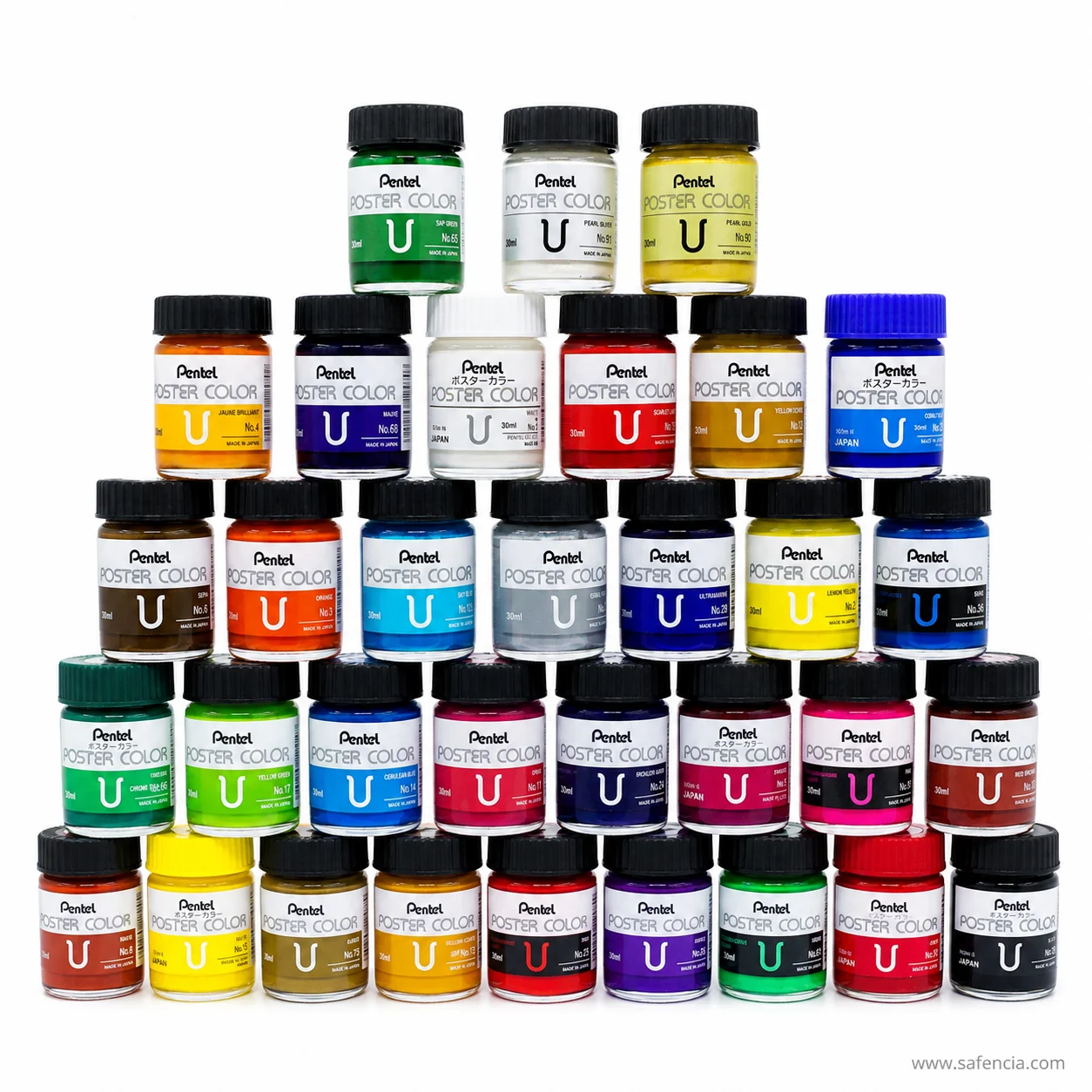 Full range of Pentel Poster Color 30 ml glass jars stacked in a pyramid showing every shade