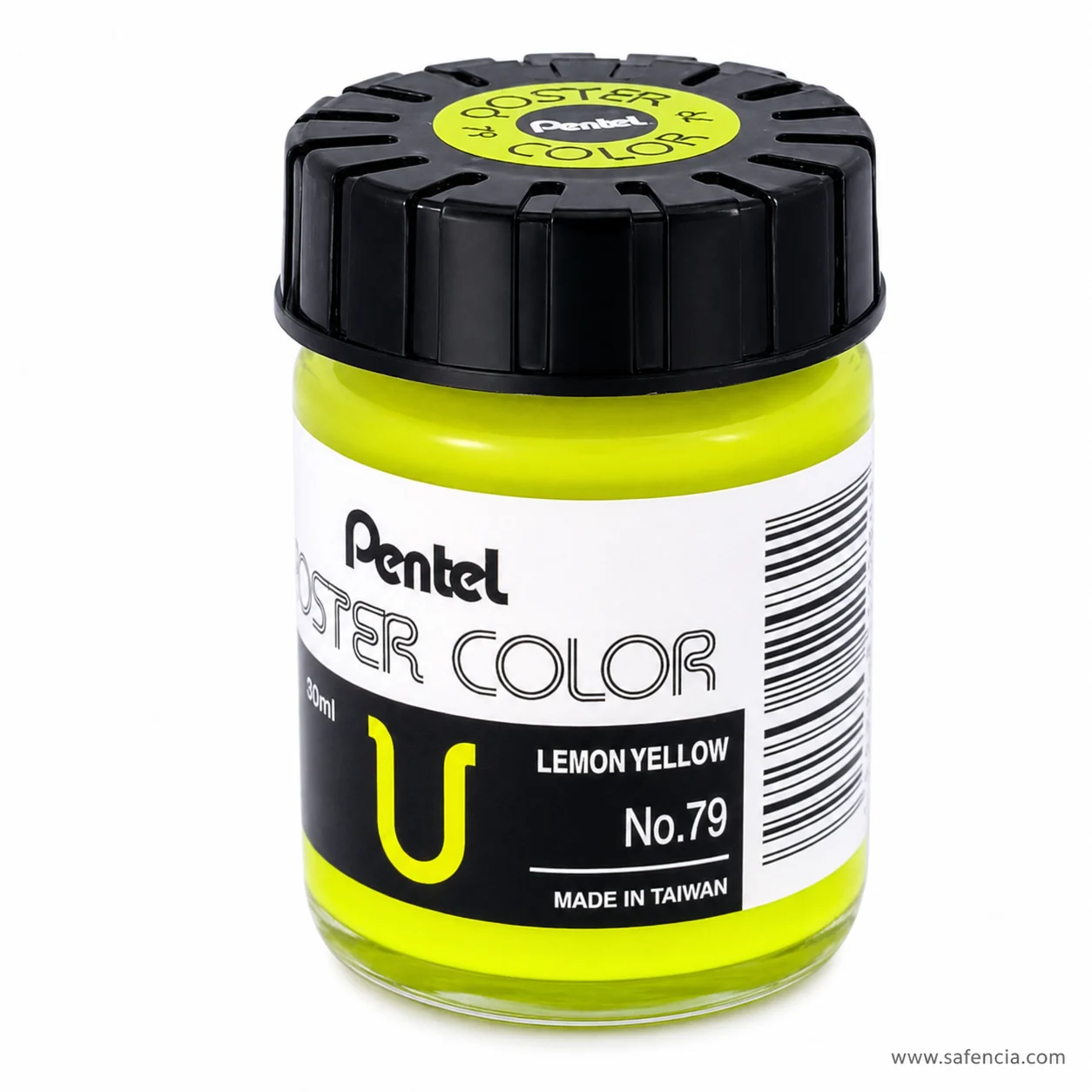 Pentel Poster Color 30 ml glass jar in Lemon Yellow with the Pentel label and U mark