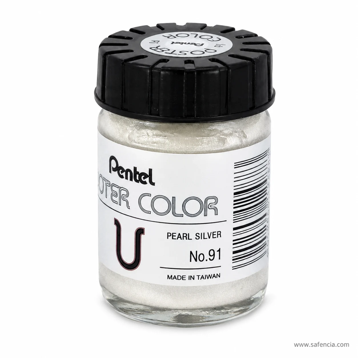 Pentel Poster Color 30 ml glass jar in Pearl Silver with the Pentel label and U mark