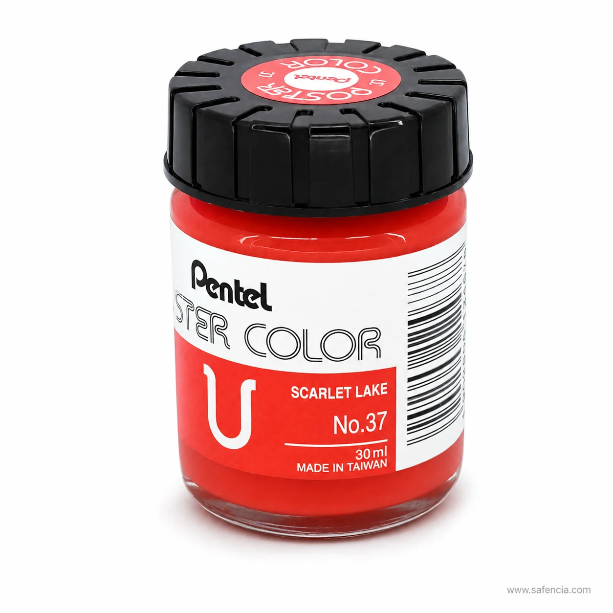 Pentel Poster Color 30 ml glass jar in Scarlet Lake with the Pentel label and U mark