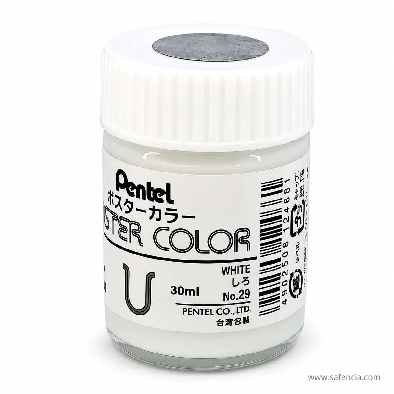 Pentel Poster Color 30 ml glass jar in White with the Pentel label and U mark