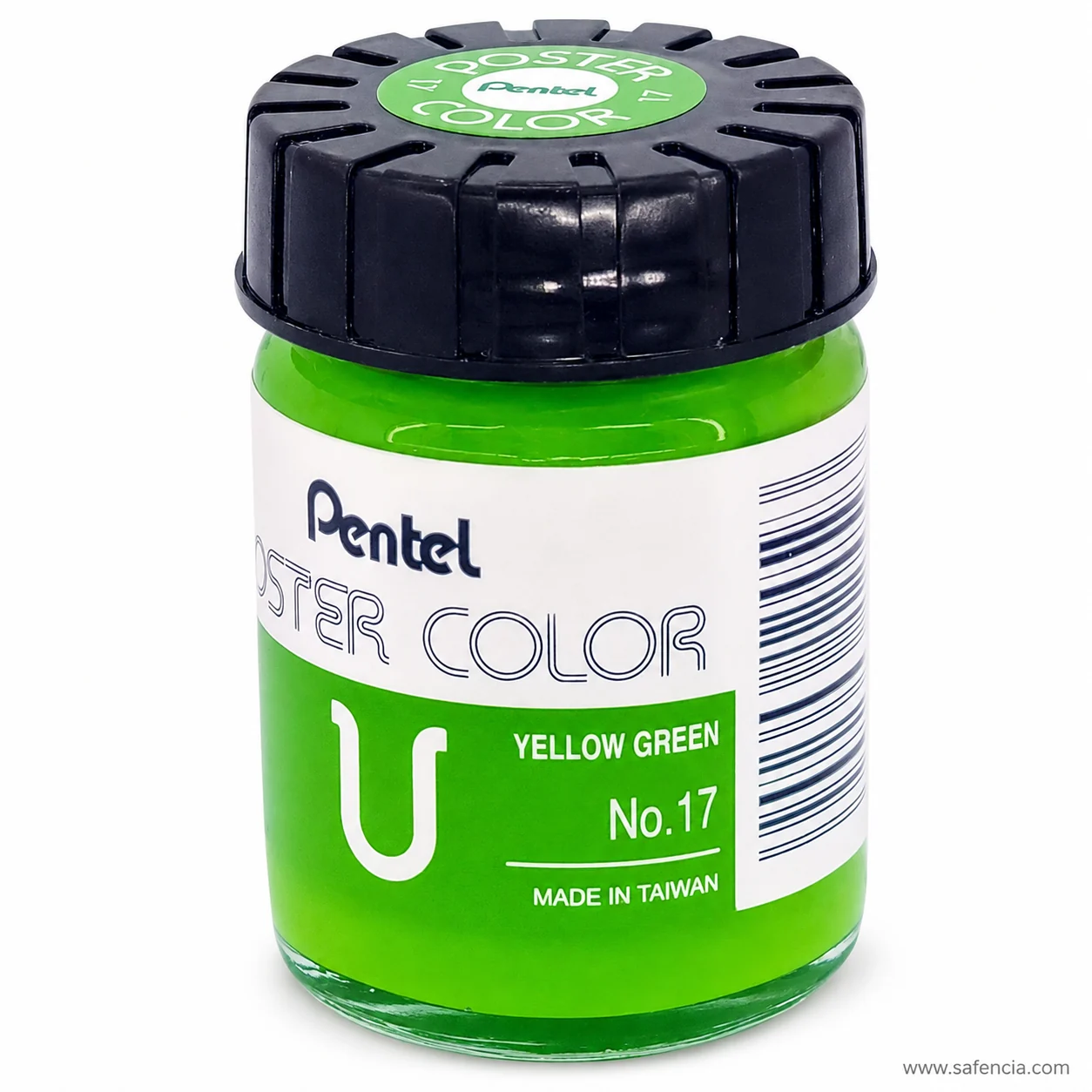 Pentel Poster Color 30 ml glass jar in Yellow Green with the Pentel label and U mark