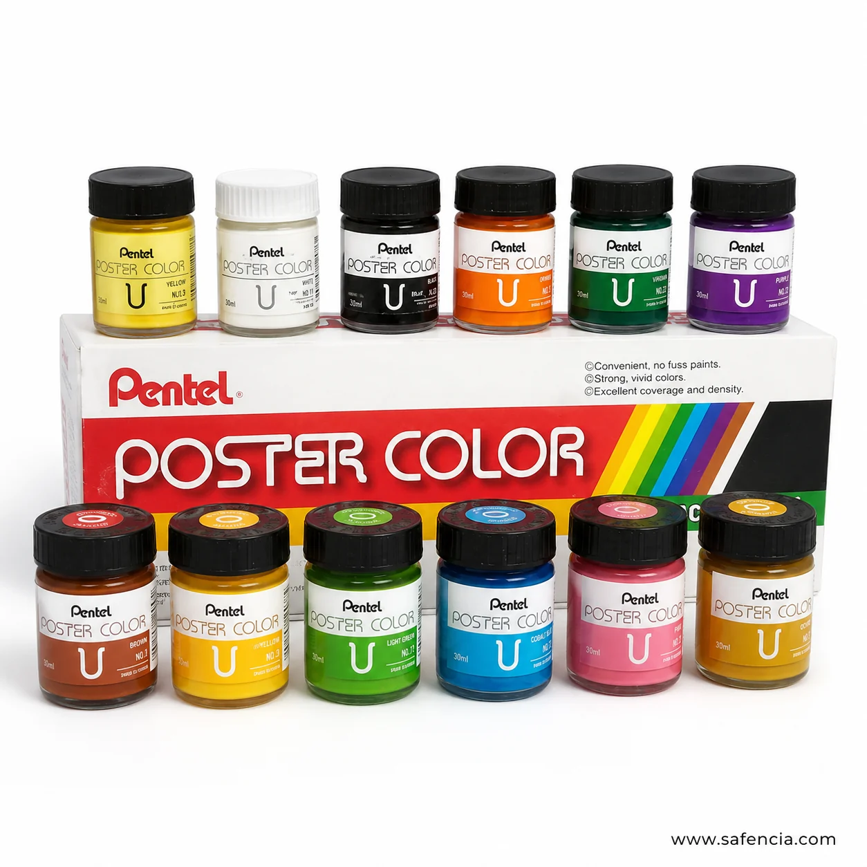 Pentel Poster Color jars from the set of 12 showing caps coloured to match the shade inside