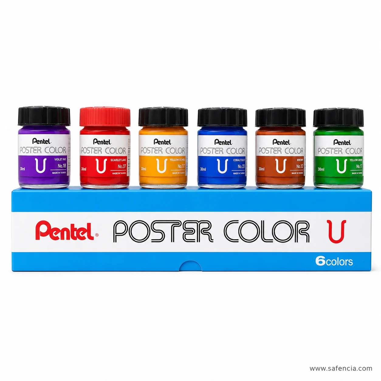 Close view of the blue Pentel box showing POSTER COLOR outline lettering and the large U mark