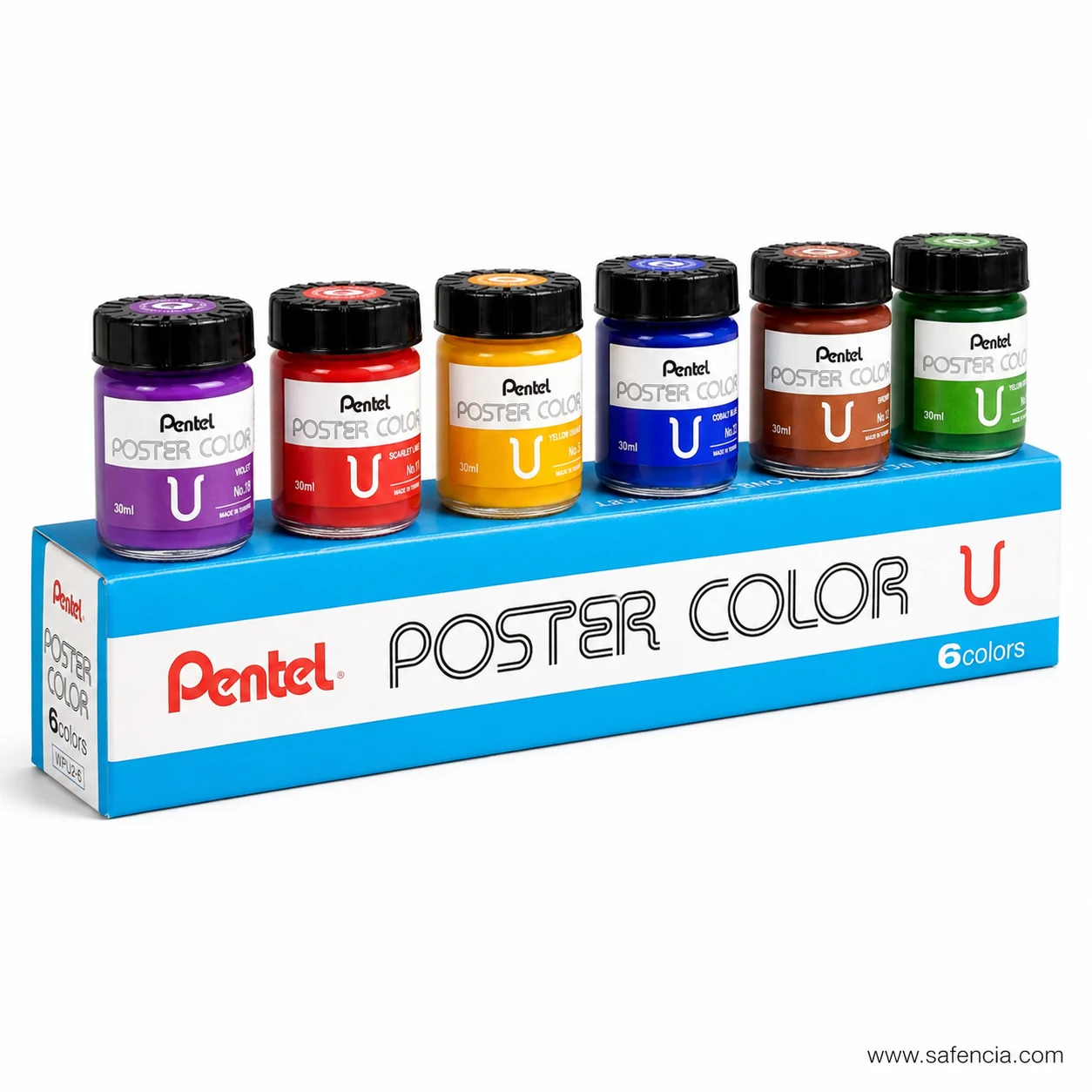 Pentel poster colour jars from the set of six angled so each shade name is readable on the label