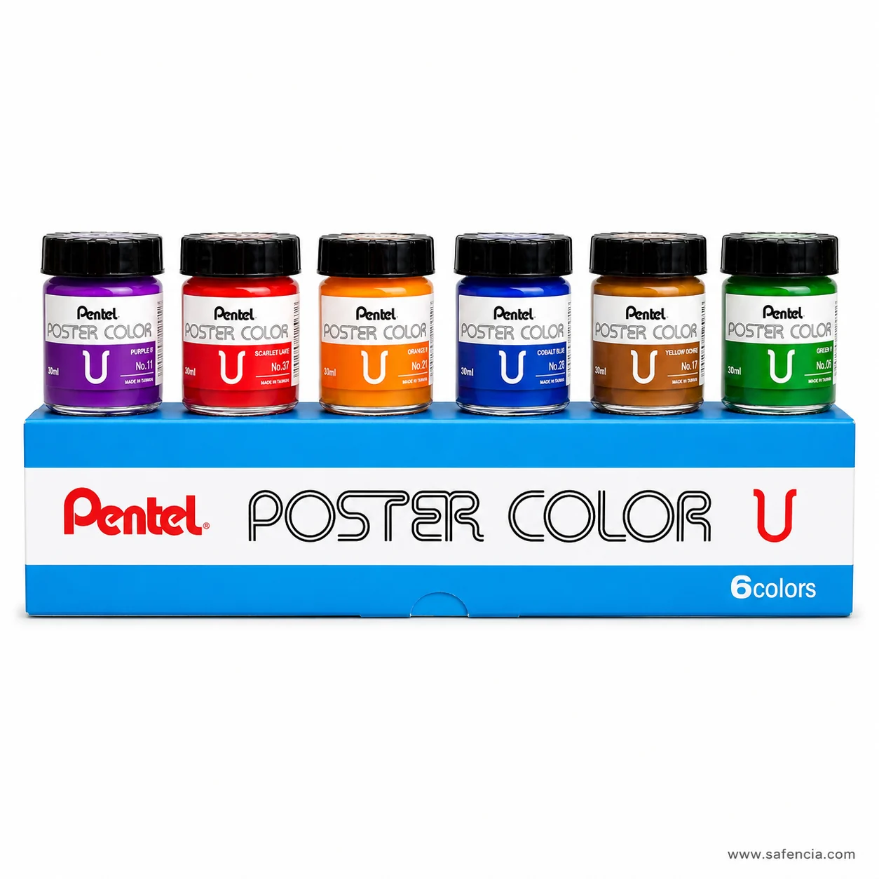 Six Pentel poster colour jars ranged along the blue box showing purple red orange blue brown and green