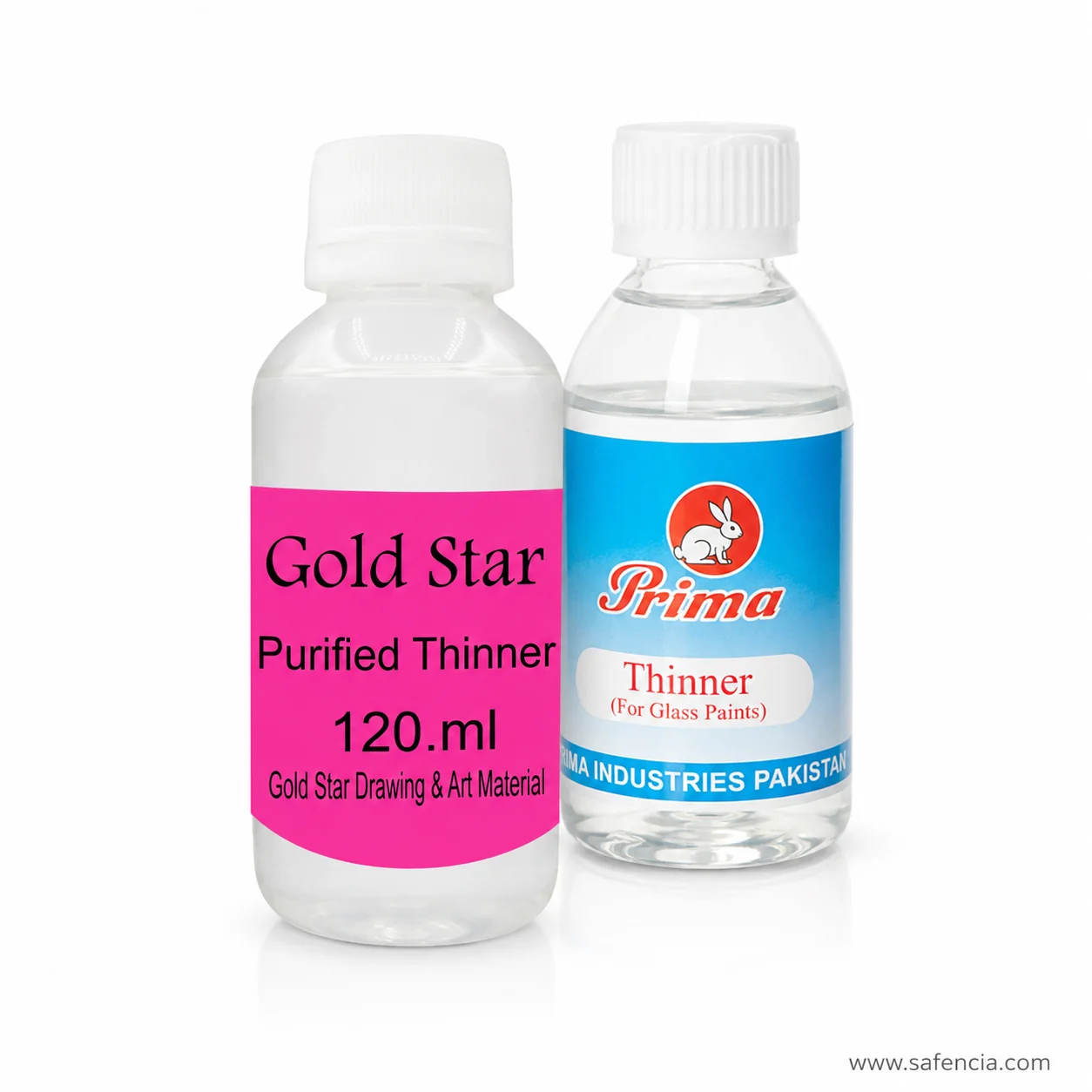 Gold Star Purified Thinner pink label reading 120.ml and Gold Star Drawing and Art Material