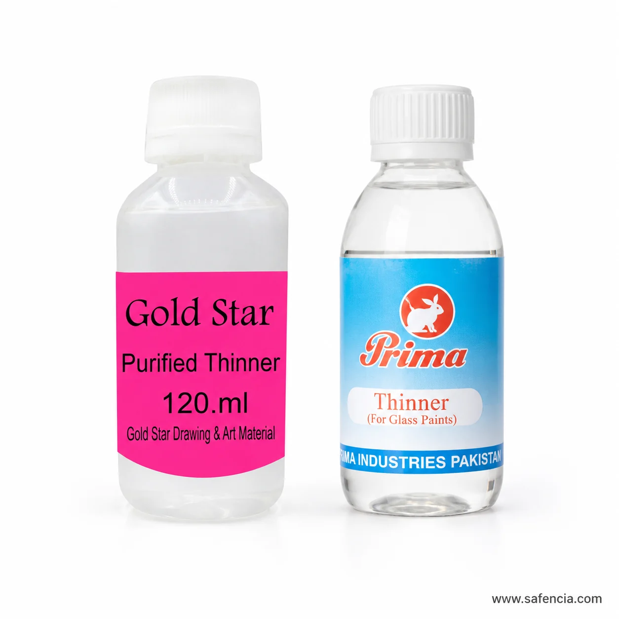 Prima Thinner blue label with rabbit logo reading Thinner for Glass Paints and Prima Industries Pakistan