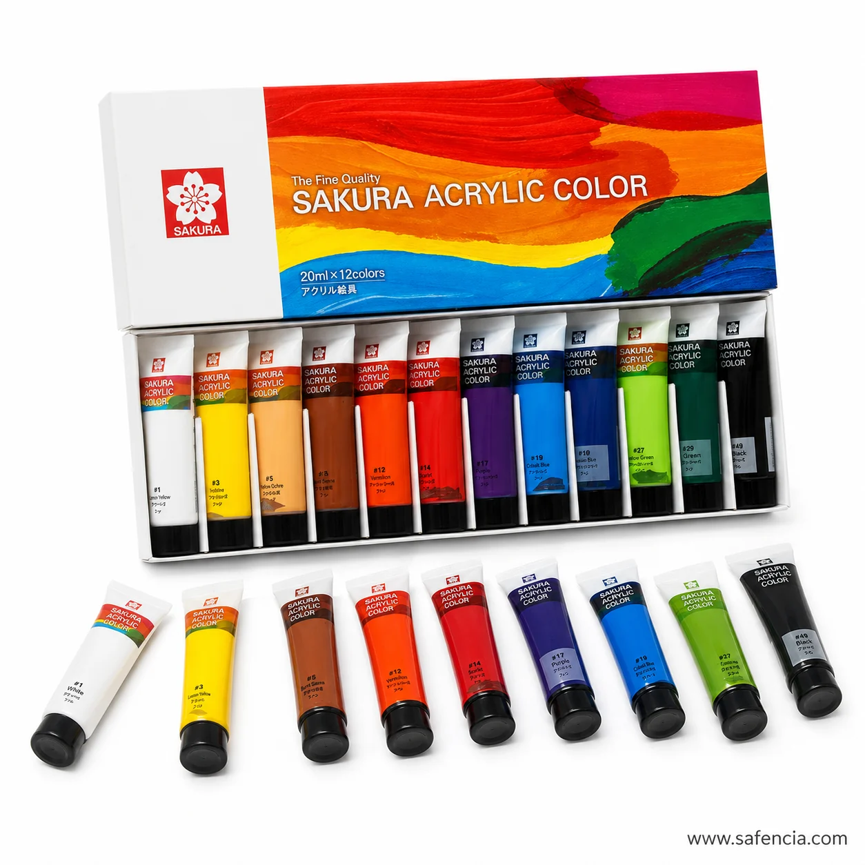 Sakura acrylic 20ml tubes stepped out in front of the open carton showing the range of colours