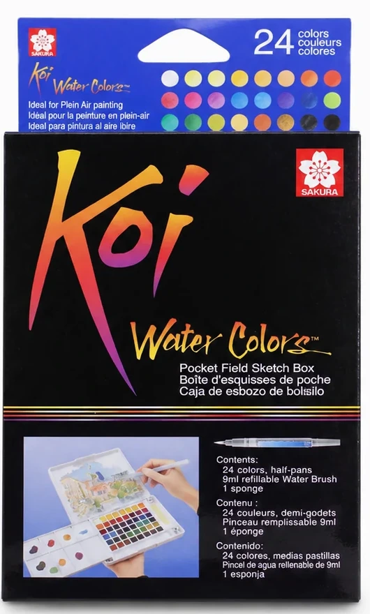Koi 24 carton front printed with the contents list of 24 colors half-pans, 9ml water brush and 1 sponge