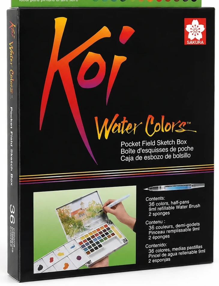 Koi 36 carton face showing the printed contents of 36 colors half-pans, 9ml water brush and 2 sponges
