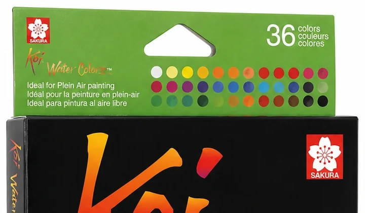 Green header of the Koi 36 carton with thirty-six colour dots and the Ideal for Plein Air painting line