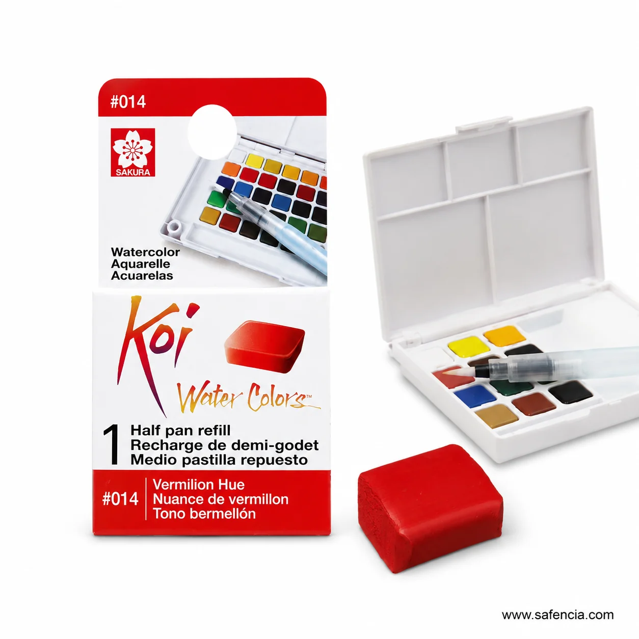Close view of a Koi refill card front reading 1 Half pan refill in English French and Spanish