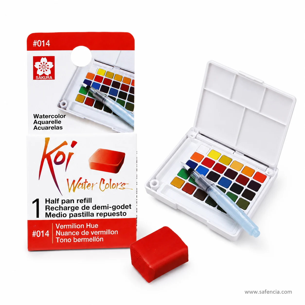 Sakura Koi refill card number 014 Vermilion Hue beside a red half pan and an open Koi sketch box