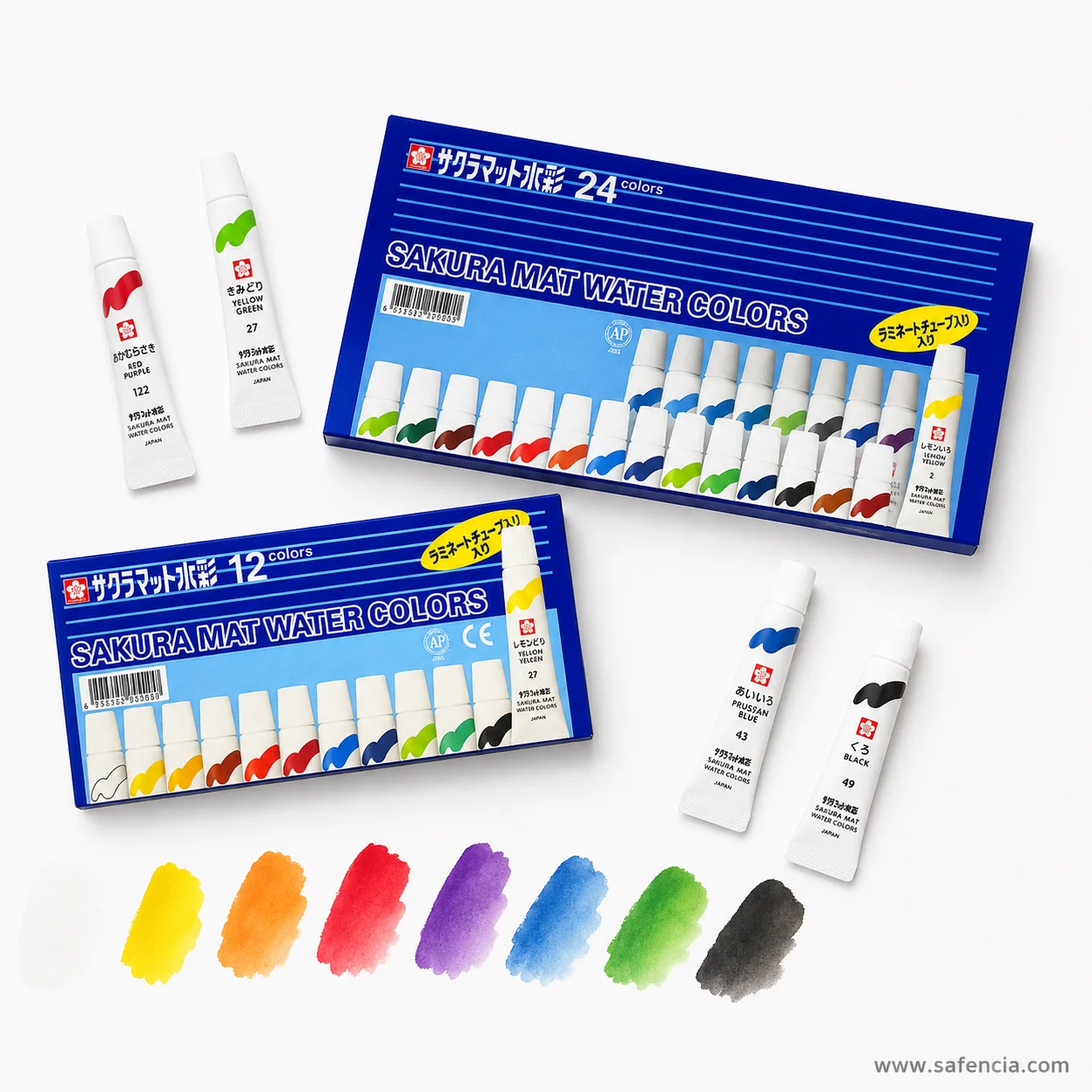 Twenty-four Sakura Mat tubes arranged in a circle around a painted colour wheel of the same shades