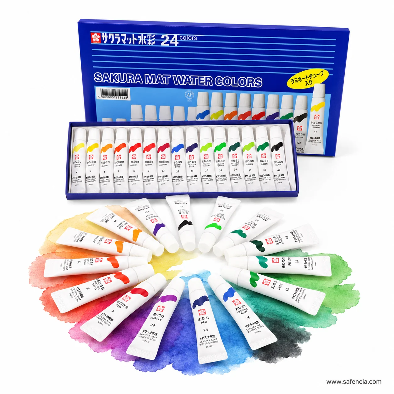 Sakura Mat cartons beside squeezed tubes and a row of painted swatches showing each colour