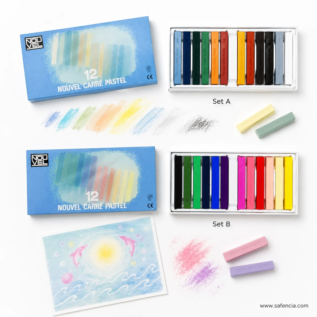 Sakura Nouvel Carre pastel trays beside swatched strokes and a finished sun and sea drawing