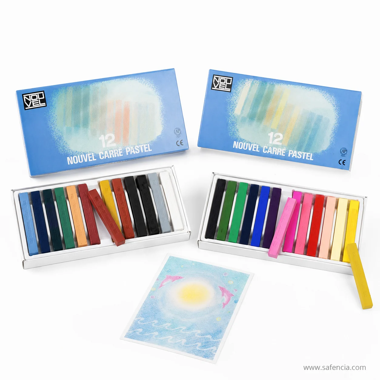 Two Sakura Nouvel Carre pastel boxes with square sticks tipped out beside a finished drawing