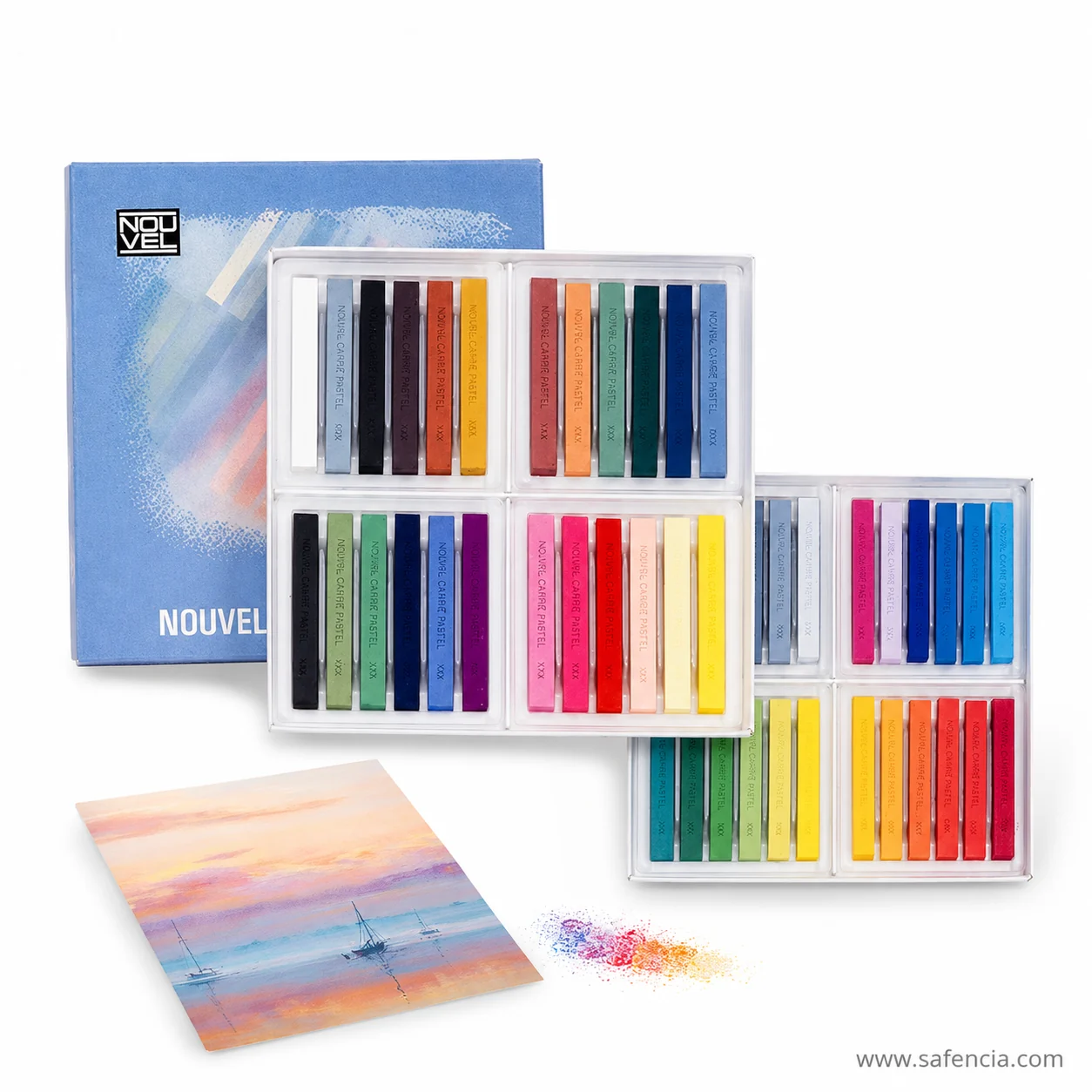 Stacked Sakura Nouvel Carre half pastel trays with loose half-length square sticks in front