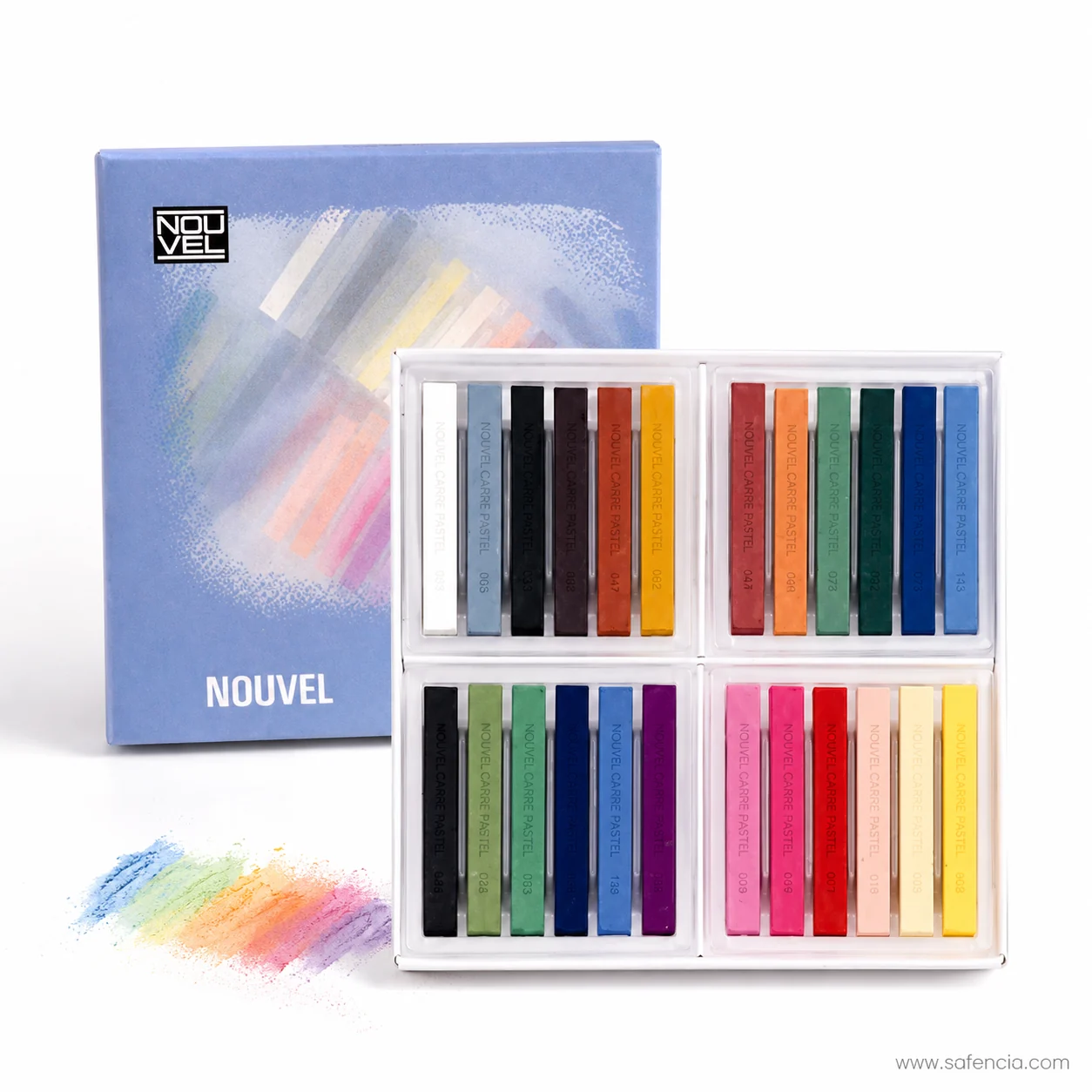 Sakura Nouvel Carre half pastel trays beside a finished pastel seascape drawing in warm tones