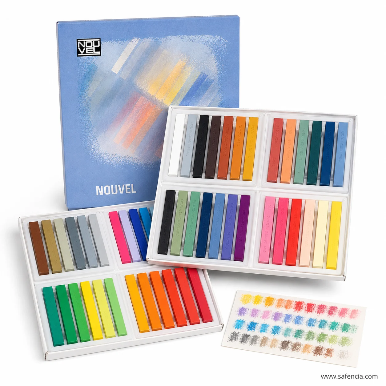 Sakura Nouvel Carre half pastel trays open beside a printed colour chart card of the shade range