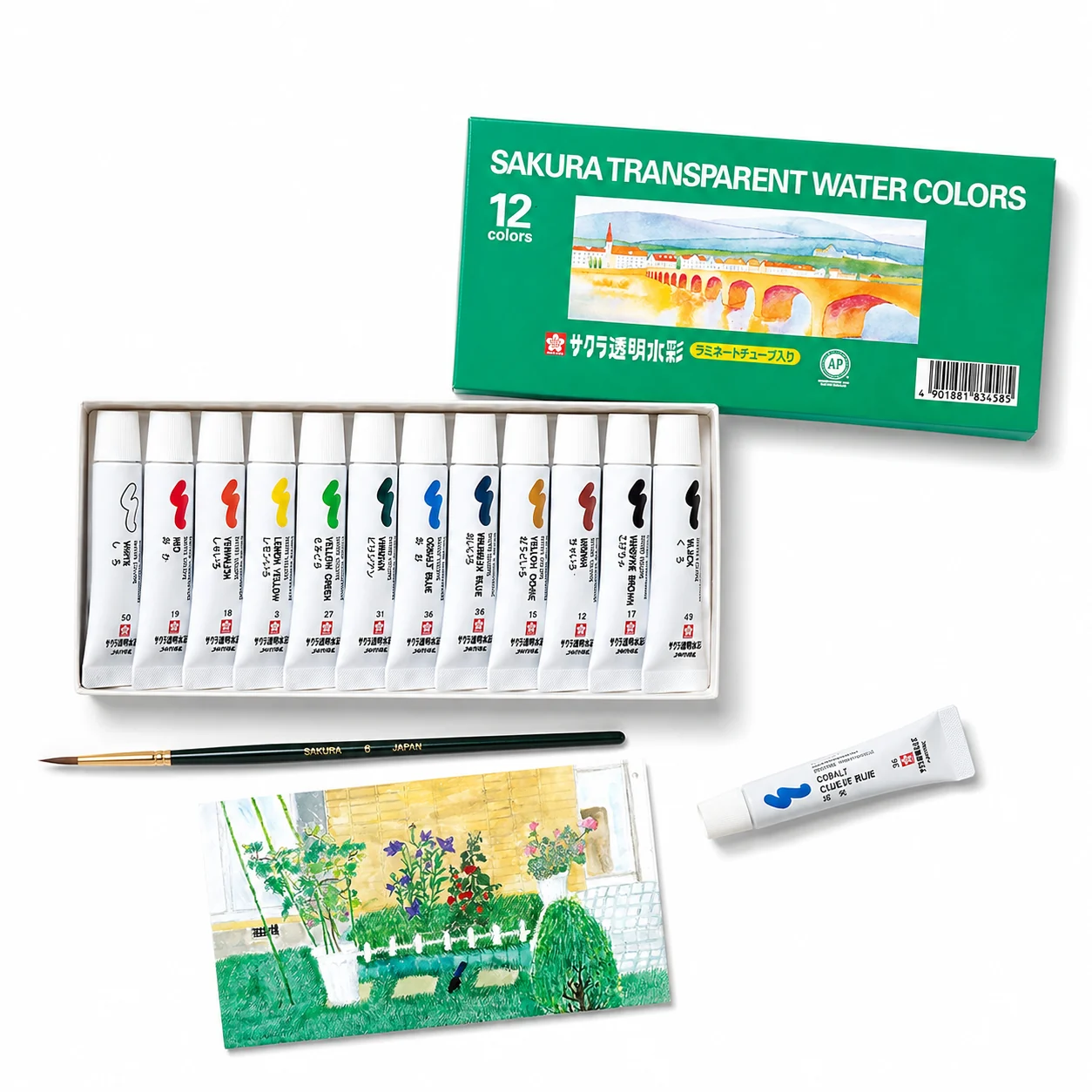Sakura Transparent Water Colors carton and tray beside a finished garden watercolour painted with the set