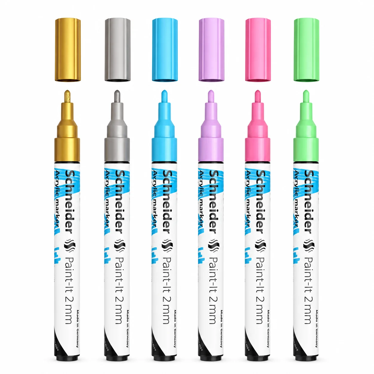 Six Schneider Paint-It markers stood in a row with caps removed showing the coloured 2 mm bullet nibs