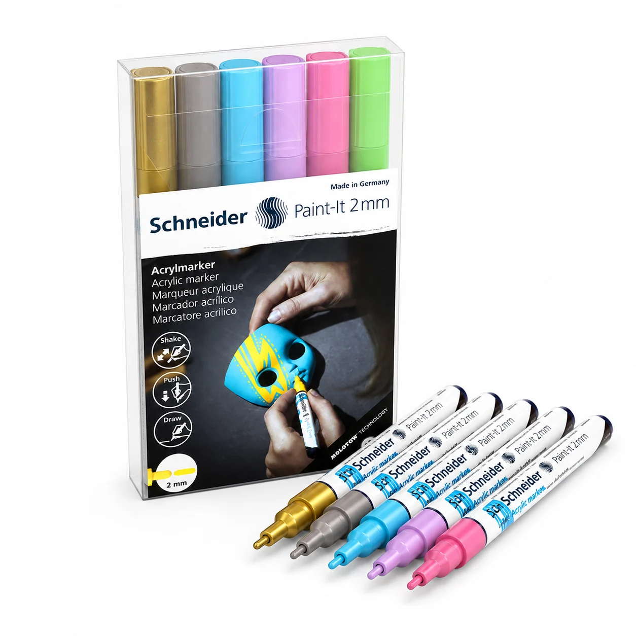 Schneider Paint-It wallet standing behind the six markers fanned out with caps on
