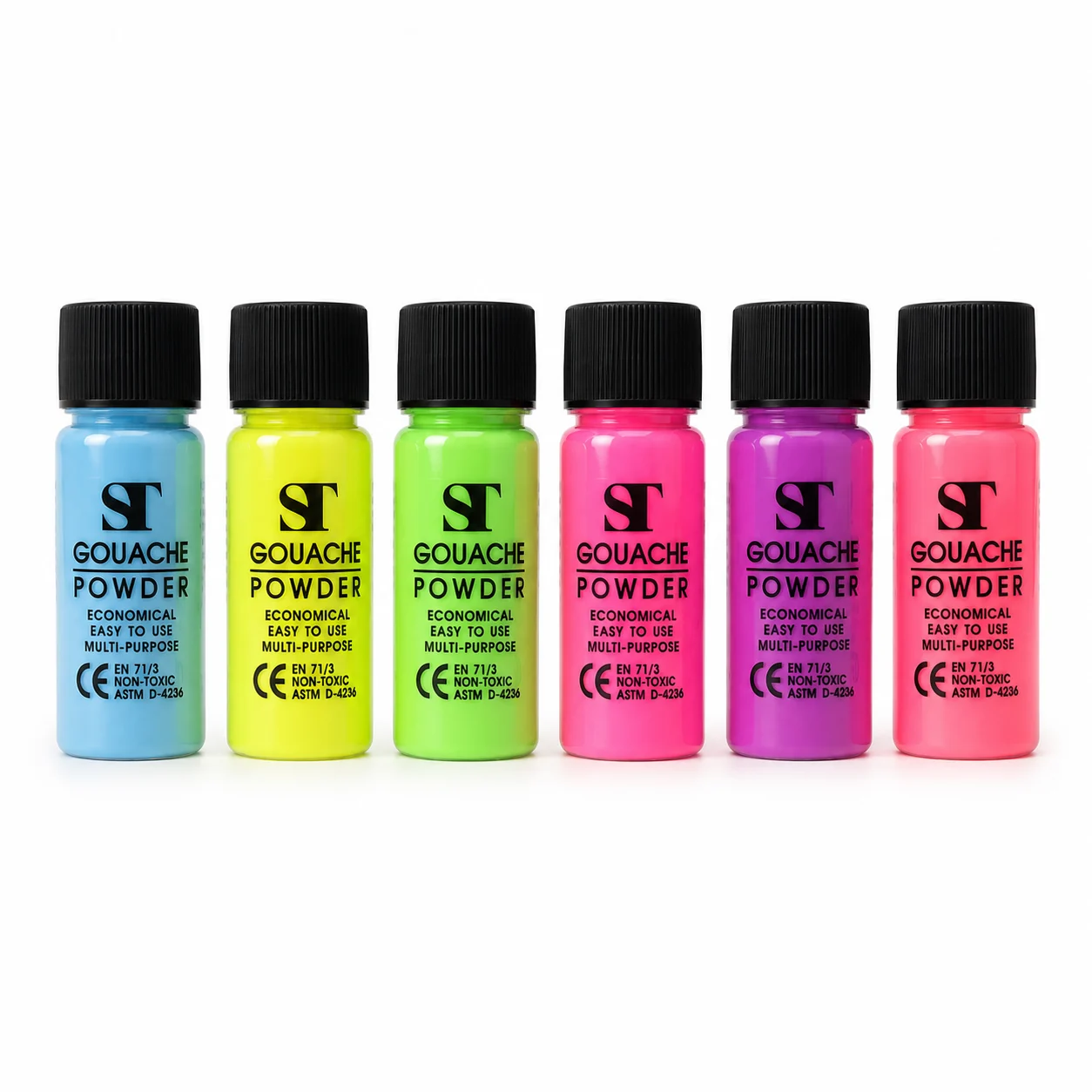Fluorescent ST gouache powder bottles showing the vivid dry pigment colour through the plastic