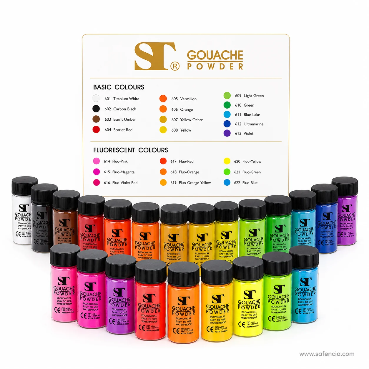ST gouache powder bottles arranged in rows beneath the printed twenty-two shade colour chart