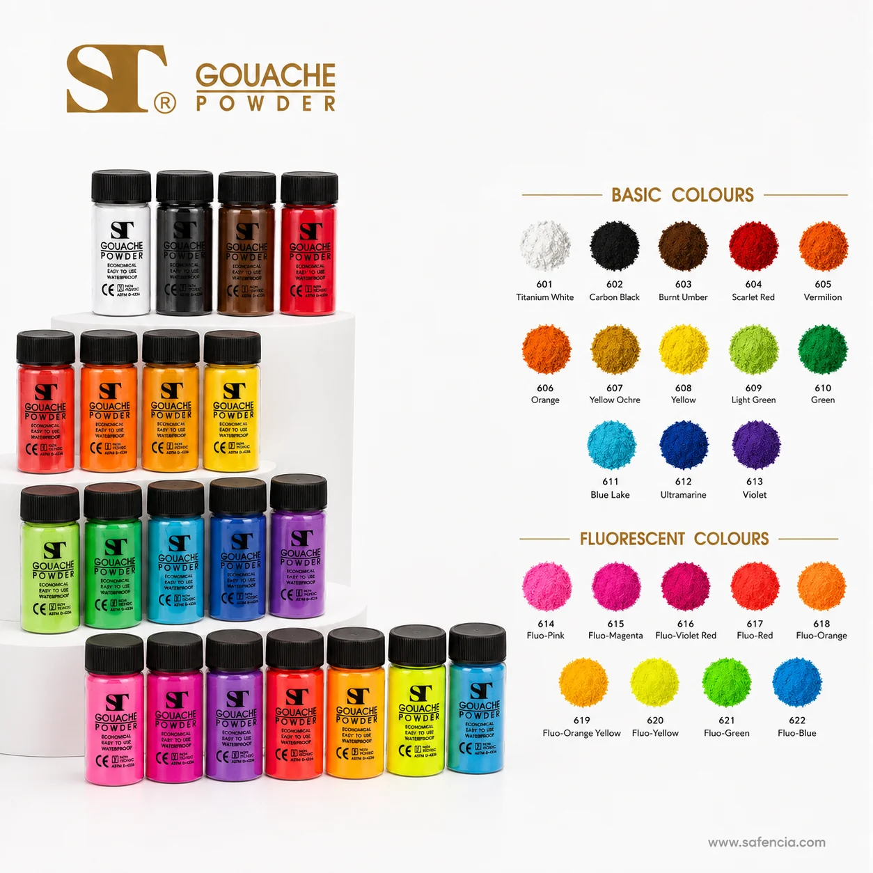 ST gouache powder colour chart listing thirteen basic and nine fluorescent numbered shades