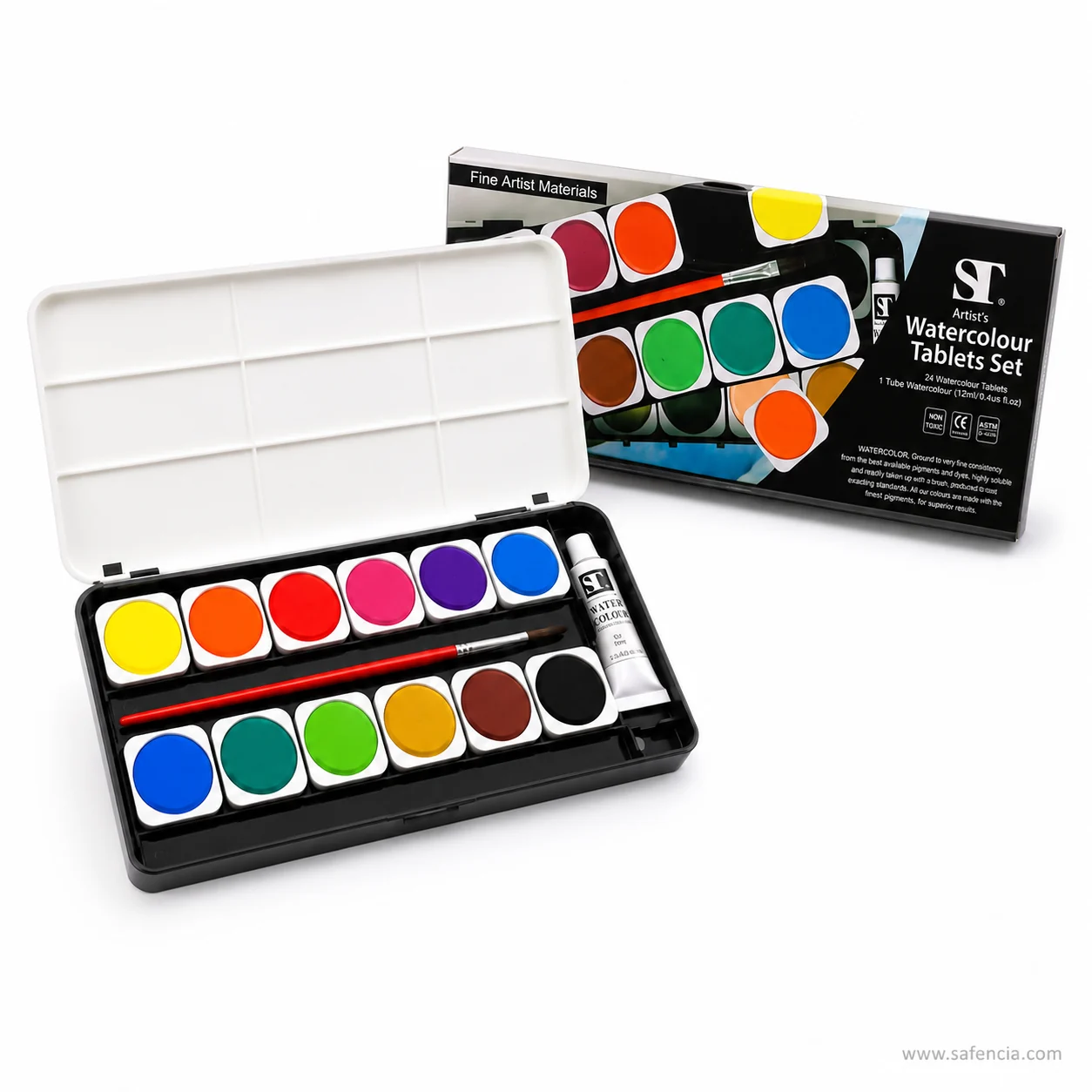 ST carton reading Artist's Watercolour Tablets Set with the contents and the non-toxic and CE marks