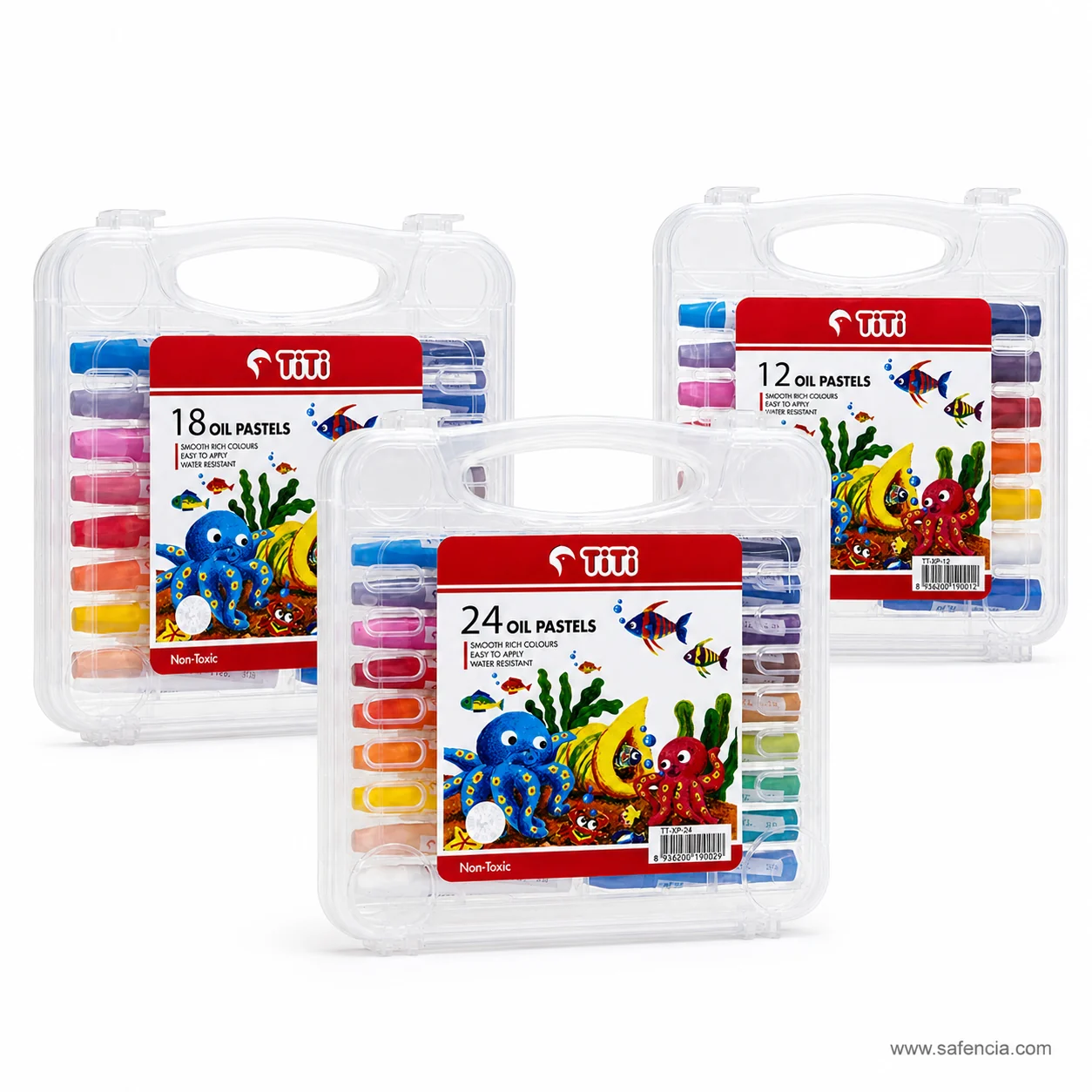 TiTi Oil Pastels 12, 18 and 24 colour carry cases standing together for size comparison