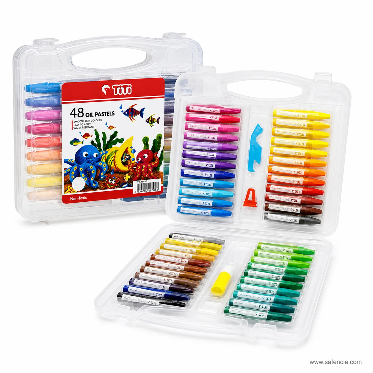 TiTi Oil Pastels 48-colour case open showing paper-wrapped sticks in trays with a blue scraper tool