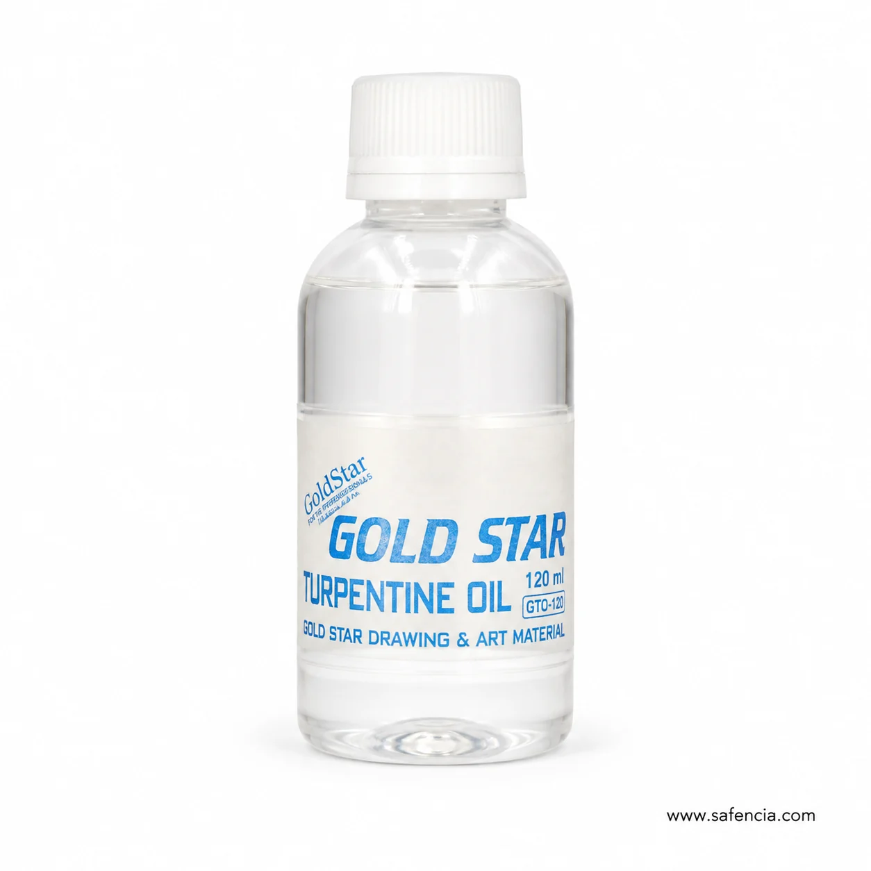 Gold Star turpentine bottle showing the completely clear solvent through the plastic above the label