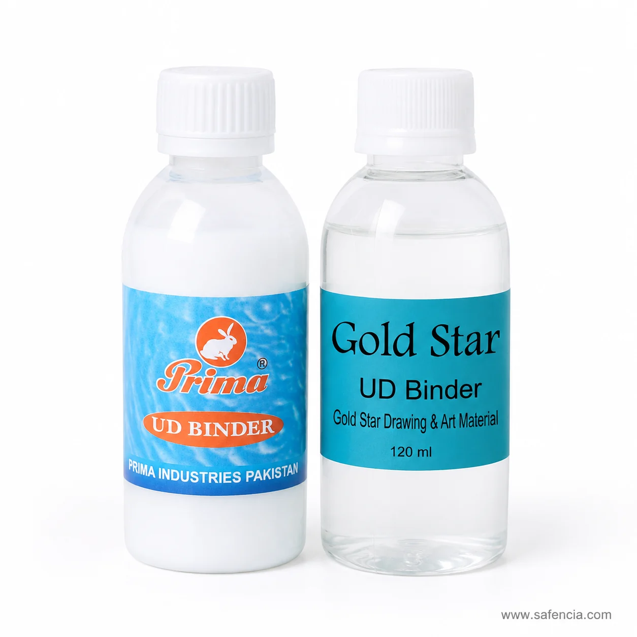 Prima and Gold Star UD Binder bottles standing side by side at the same height