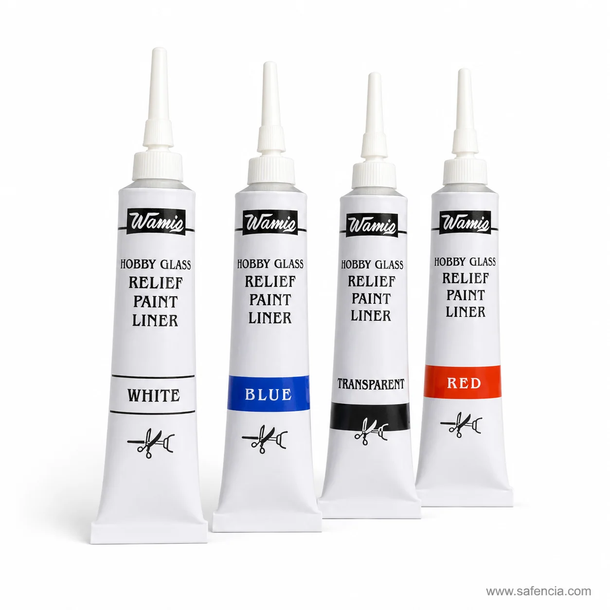 Four Wamiq glass relief liner tubes standing upright showing the long white conical sealed nozzles